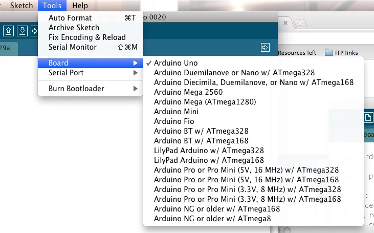 Výběr druhu Arduina v Arduino IDE