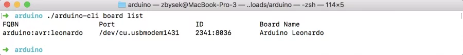Arduino CLI Připojená deska Arduino Leonardo