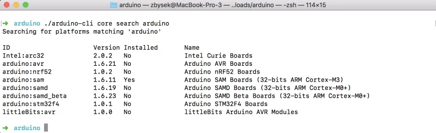 Arduino CLI Vyhledání dostupných jader