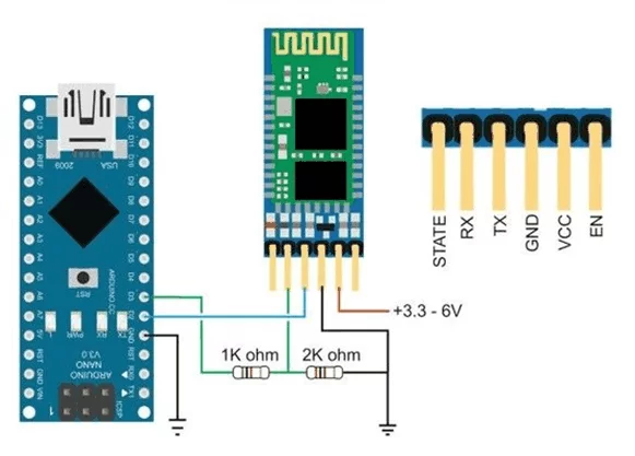 Schéma propojení Arduino NANO a Bluetooth modulu HC-05