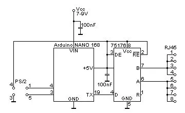 Schéma Arduino převodníku PS/2 - RS485