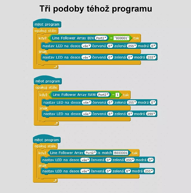 Snímač čáry - třikrát stejný program pro mBot