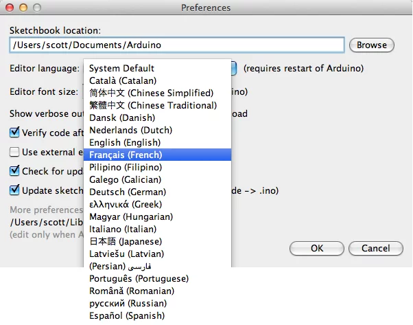 Výběr jazyka v Arduino IDE
