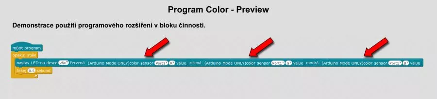 Použití bloku pro Color Sensor rozšíření v programu