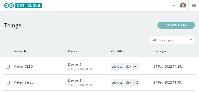 Seznam vytvořených zařízení v Arduino IoT Cloud
