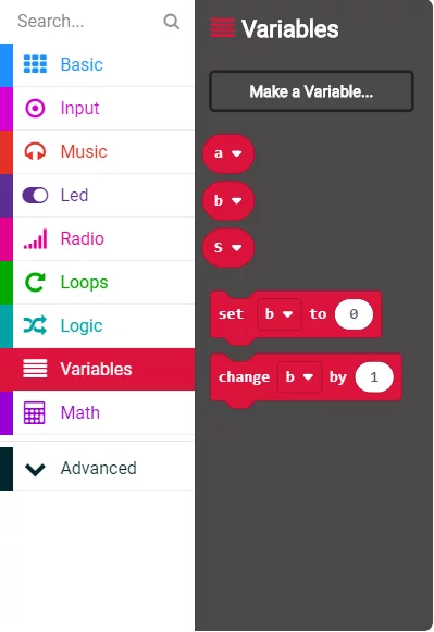 makecode proměnné nastavení proměnné