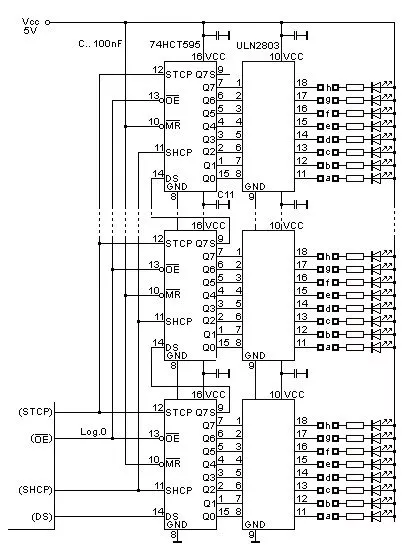 Zapojení 74HC595, ULN2803 a sedmisegmentových displejů